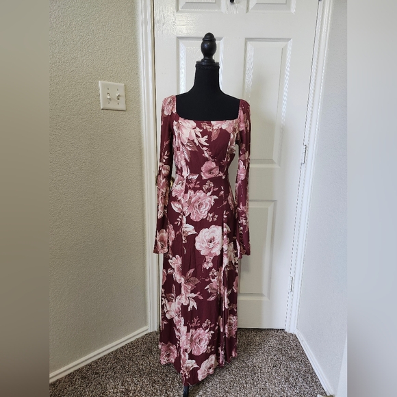 The Workshop Maroon Red Pink Roses Floral Long Sleeve Maxi Dress L - Picture 1 of 11